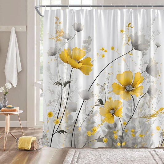 Yellow Flower Shower Curtain Rustic Farmhouse Watercolor Yellow Floral Gray Leaves Modern Romantic Nature Plant Vintage 70" WX70 H Bathroom Decor Fabric Curtain with Hooks