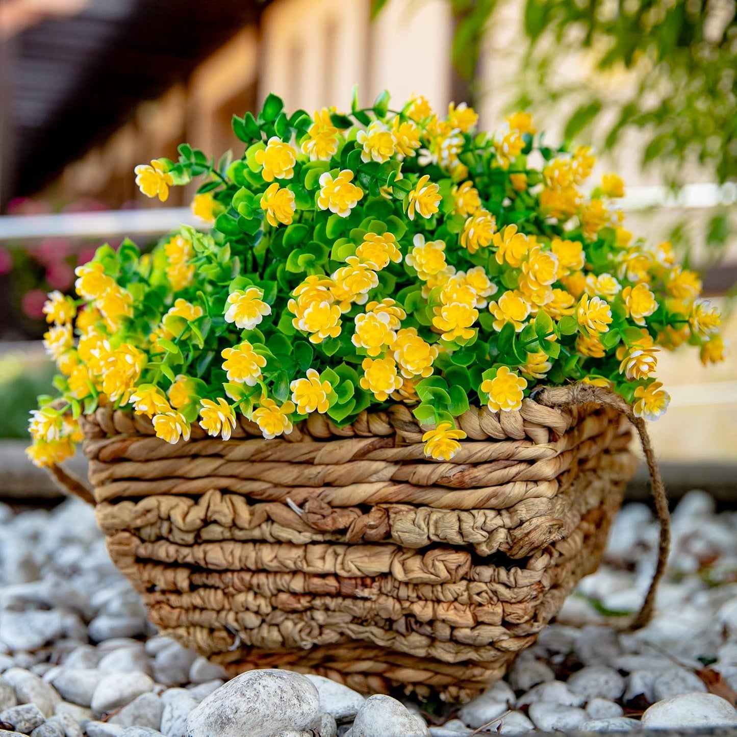 Artificial Flowers for Outdoors, 12 Bundles Fake Plants (Yellow) | UV resistant faux plastic flowers, no fade artificial greenery – garden, patio, porch & home