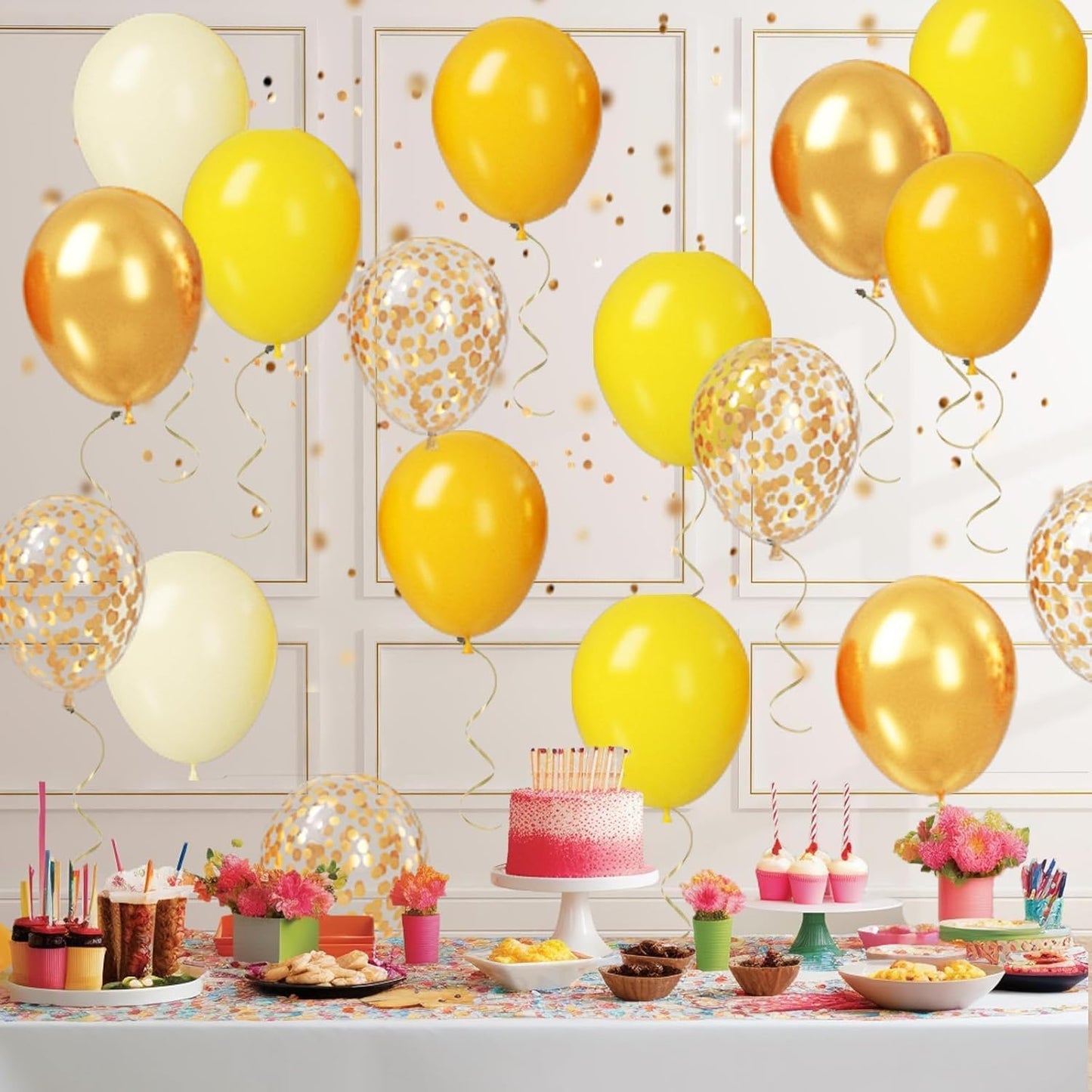 Yellow and Gold Balloon Set - 50Pcs 12 Inch Metallic Gold Confetti and Light Lemon Latex Balloons for Baby Shower, Bee Party, Sunflower Fall Birthday Decorations