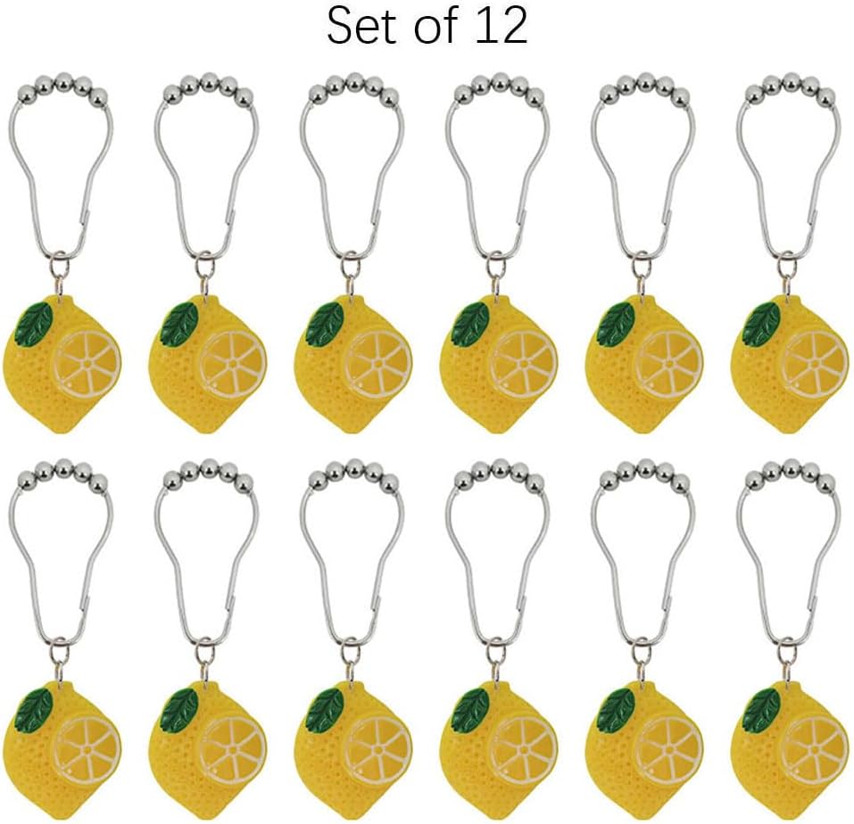 12 Pcs Yellow Lemon Shower Curtain Hooks, Rust Proof Stainless Steel Shower Curtain Rings, Decorative Metal Curtain Hanger for Resin Fruit Lemon Theme Bathroom Shower Rods Decor