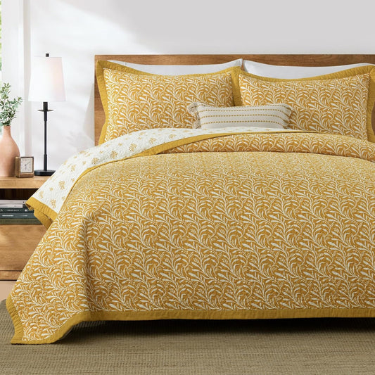 Quilt Set King Size, 100% Cotton Quilt Bedding Set Bedspread, Botanical Pattern Solid Color Chic Lightweight Quilted Comforter for King Bed, Mustard Yellow, All Season, 3 Pieces