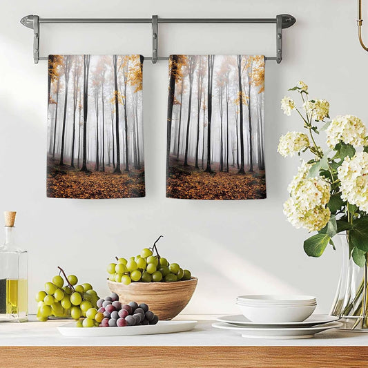 Fall Thanksgiving Kitchen Towels Forest Sunlight Soft Absorbent Dish Towel Yellow Leaves Tree Super Absorbent Soft Cotton Tea Towel 1 Pack