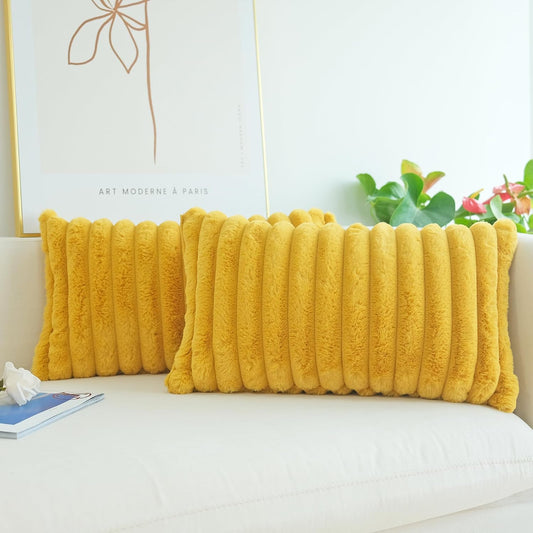 Faux Fur Plush Throw Pillow Covers, Mustard Yellow, 12 x 20-Inch | Pack of 2, Couch Cushion Case, Soft Pillowcases, Decorative