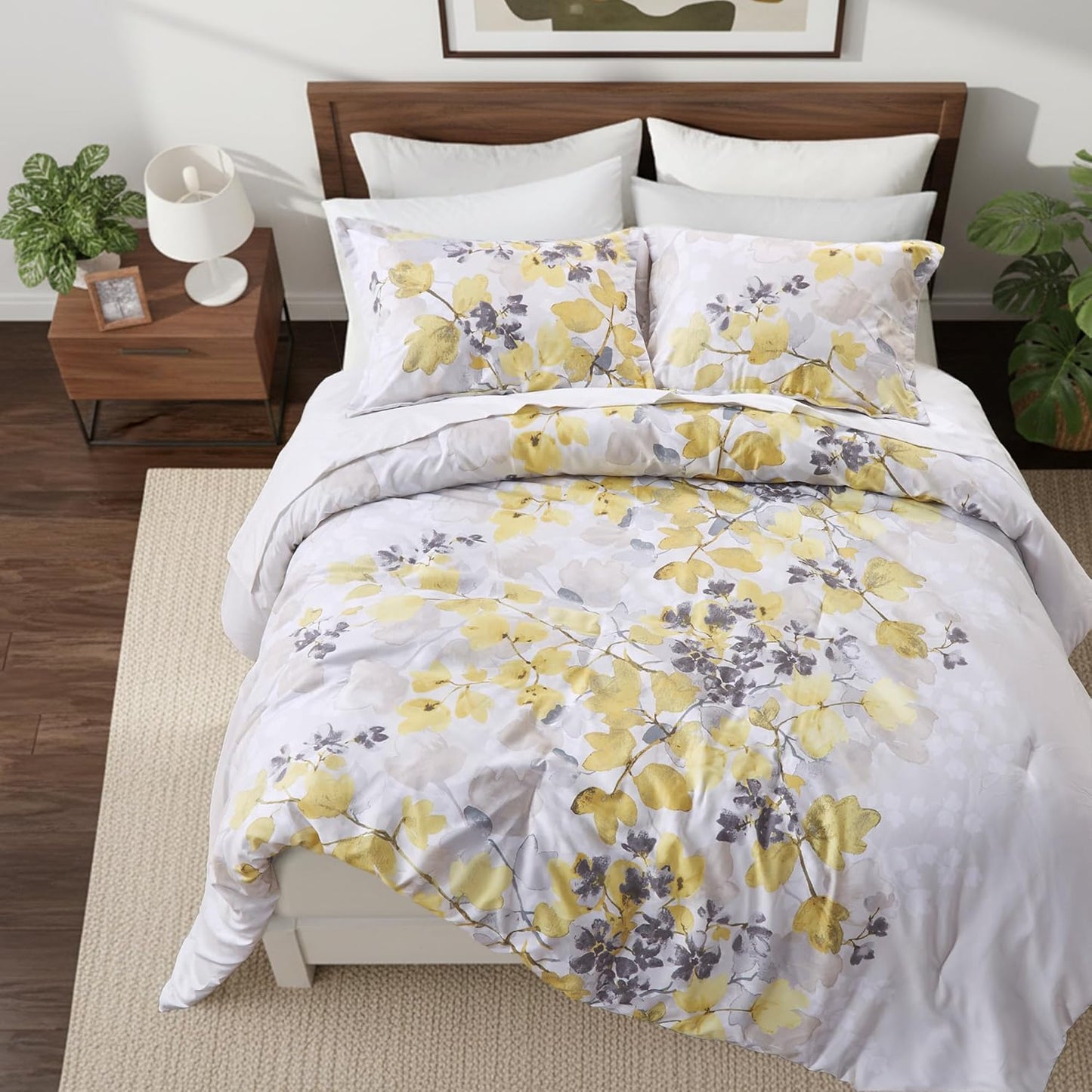 Queen Comforter Set Yellow Bed Set, 9 Pieces Cute Floral Bedding Set Ultra Soft Botanical Flowers Comforter, Sheets, Pillowcases & Shams