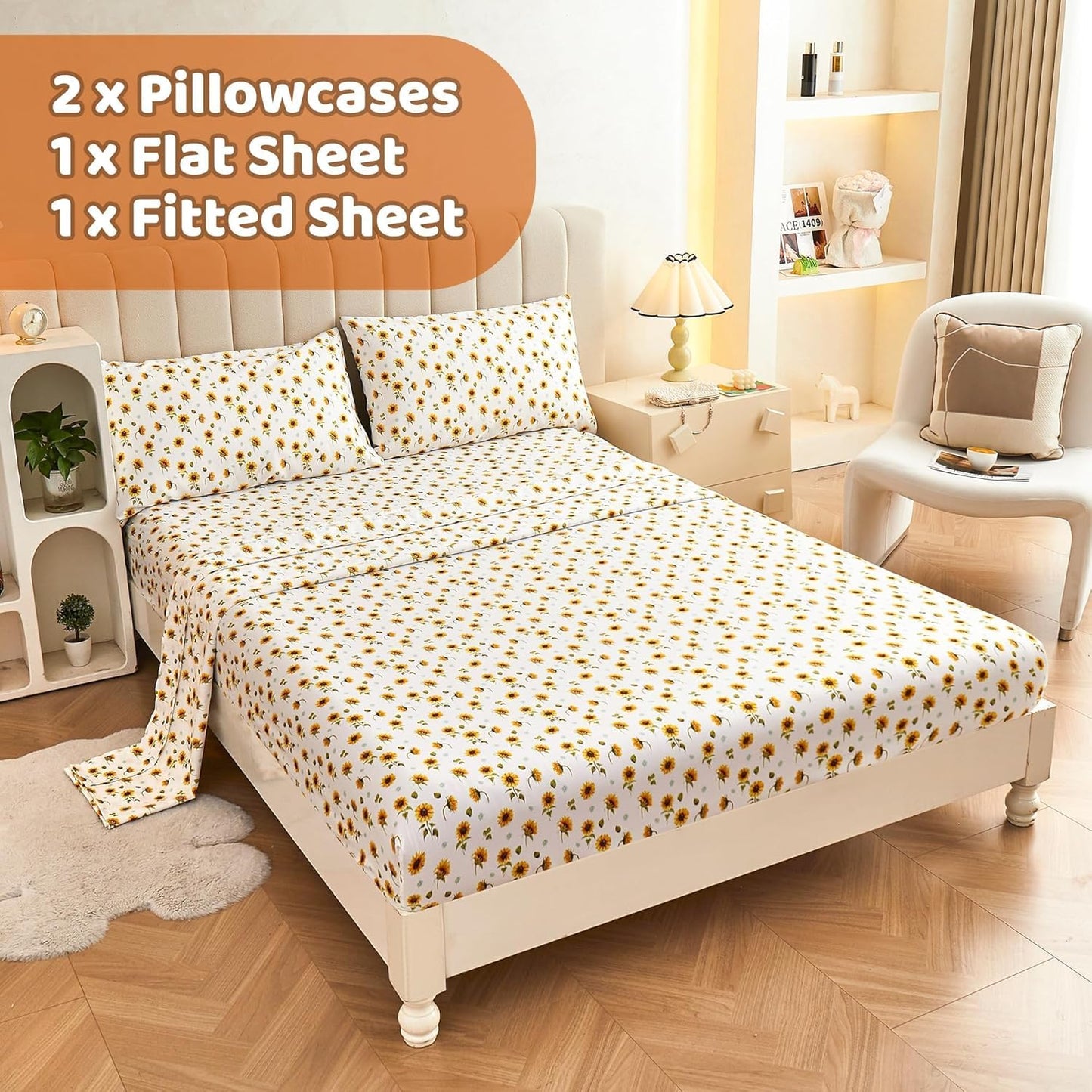 Floral Sheet Set Queen, Sunflower Printed Bed Sheets Queen, Cozy Double Brushed Microfiber Fitted Sheet with 15" Deep Pocket and Corner Straps, Cute Yellow Flower Sheet & Pillowcase Sets