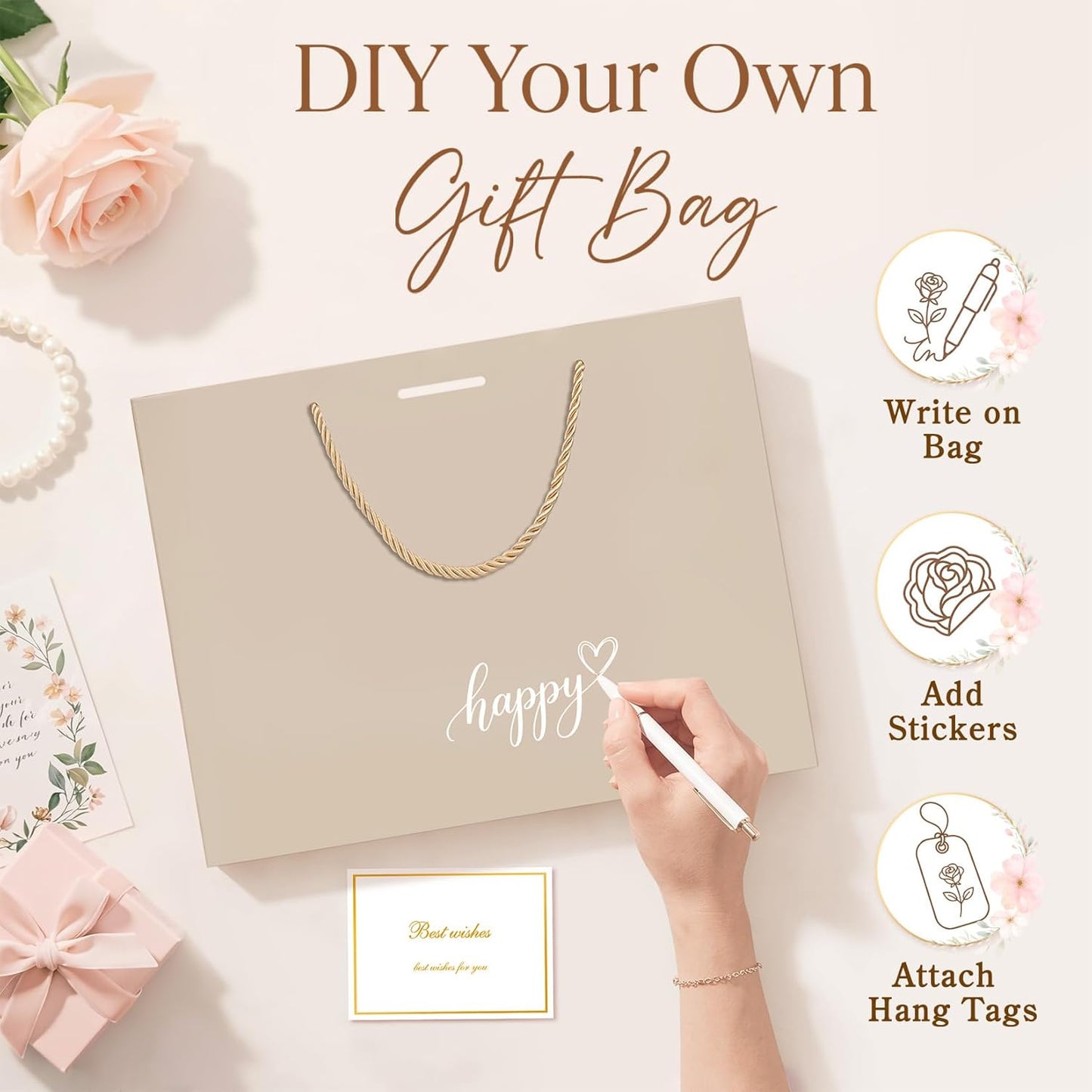 Gift Bags Medium with Handles 2PCS for Wedding Birthday(Champagne) | With 4 Tissue Paper 2 Ribbons 2 Cards, Cute Gifts Wrap Bag for Women Men Girls Bridal Baby Shower Engagement & Anniversary