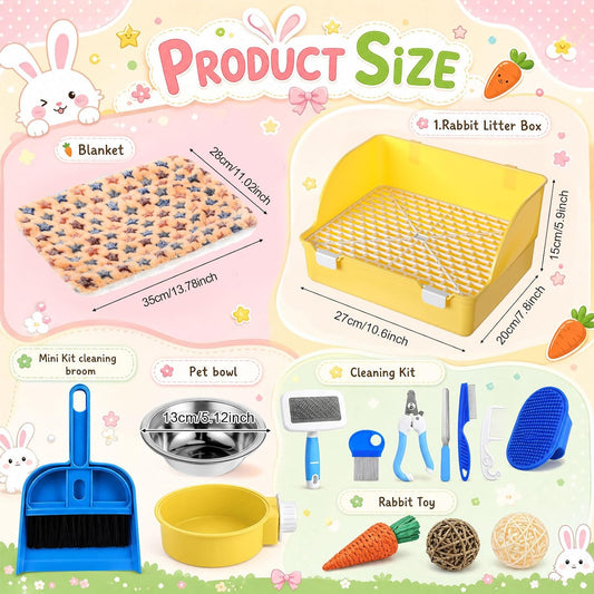 15 Pcs Rabbit Starter Kit Small Rabbit Litter Box Girls Gift Animal Grooming Kit Bunny Toys Bowl Blankets with Cleaning Set for Guinea Pig Accessories(Yellow)
