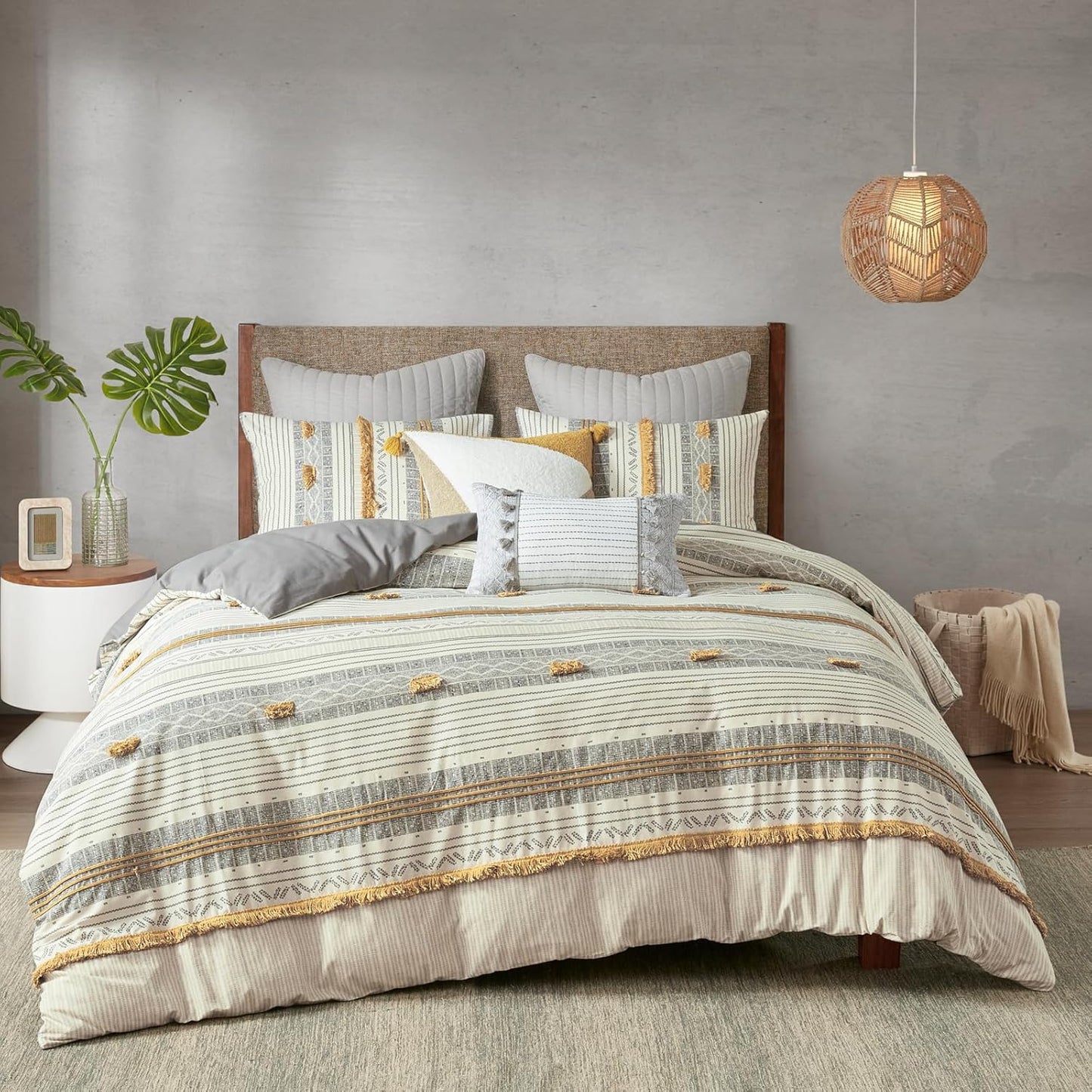 Queen Duvet Cover Set, Chic Trims & Pompom Accent, Boho Duvet Set Queen, All Season, Lightweight Cotton Duvet Queen Bedding Cover, 2 Shams, Cody, Full/Queen Gray/Yellow 3 Piece