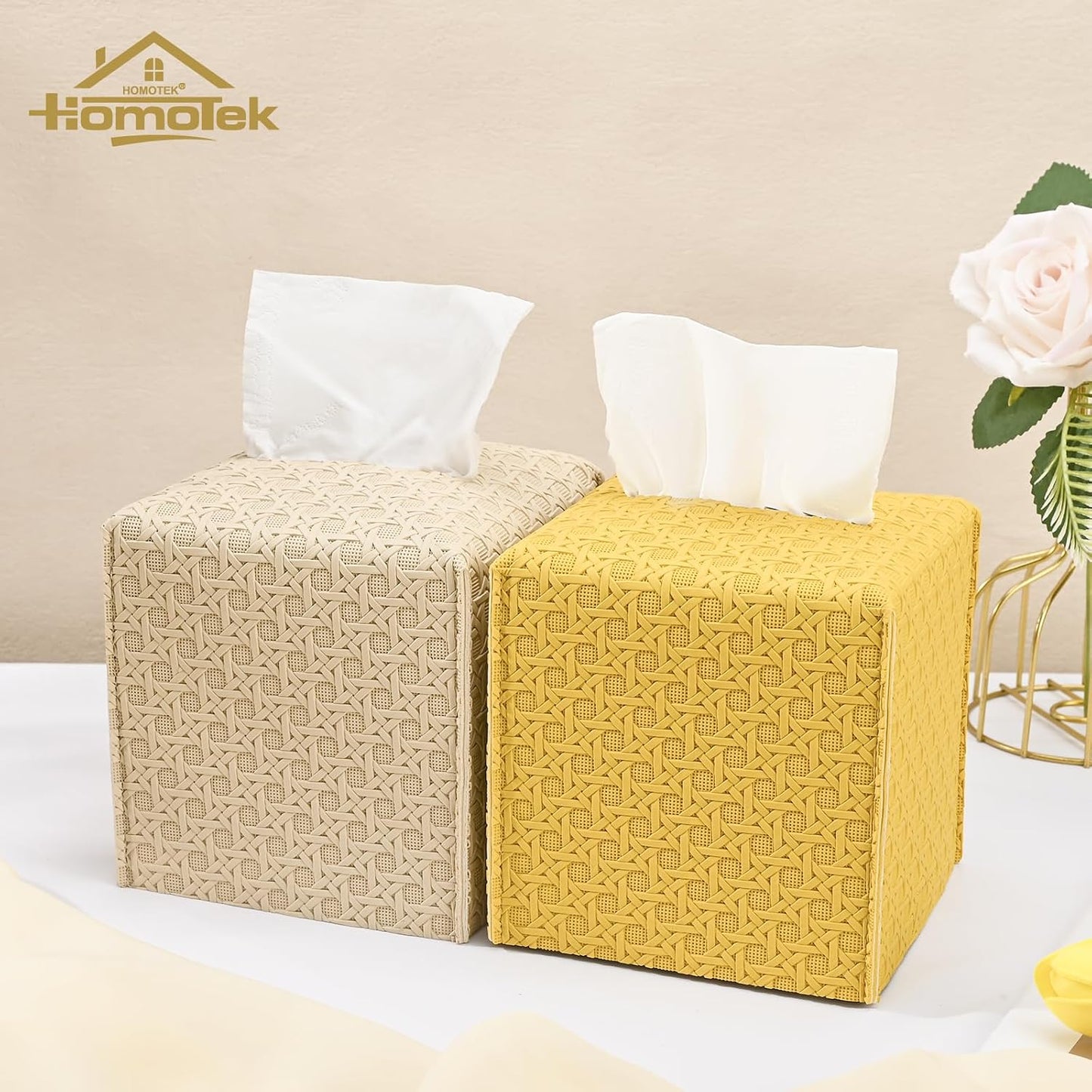 2 Pack Tissue Box Cover, Square PU Leather Tissue Holder, Decorative Facial Tissue Cube Paper Organizer Dispenser for Bathroom, Night Stands, Desk, Car 5X5X5'' - Rattan Weave,Mango Yellow