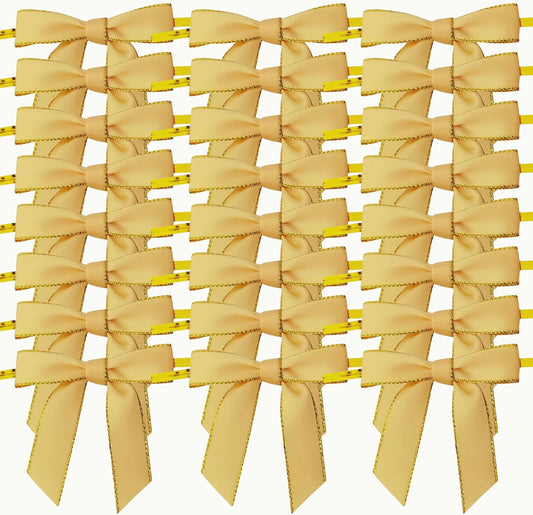 50pcs/Bag 2-1/2" Metallic Gold Edge Satin Ribbon Bows with Twist Ties for Packing Decoration Yellow Bows for Holiday Gift Packaging (Yellow)