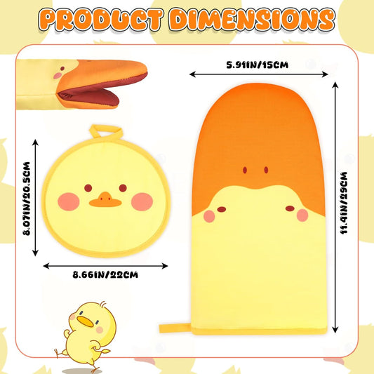 Oven Mitts, Cute Kitchen Oven Mitts and Pot Holders Sets, Heat Resistant Funny Duck Glove Potholder and Hot Pads Soft Lining, Cute Yellow Kitchen Baking Grilling Cooking Housewarming