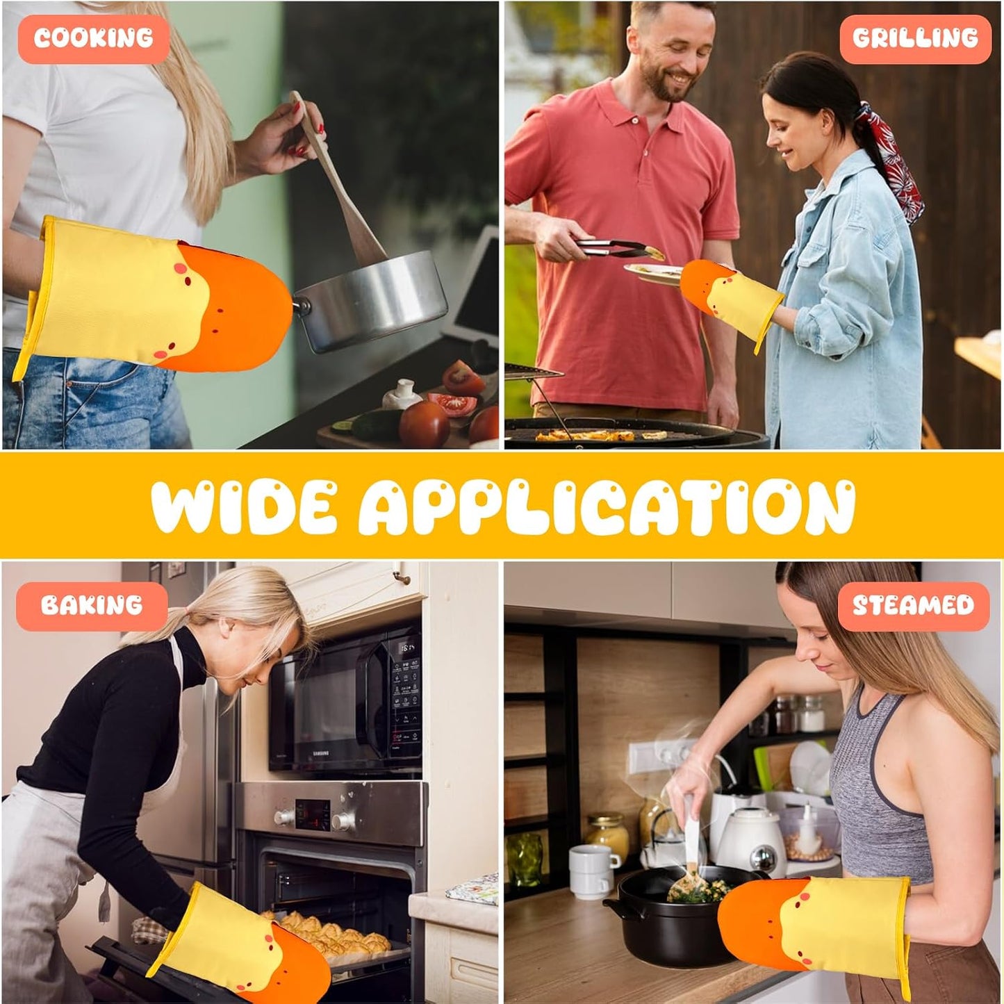 Oven Mitts, Cute Kitchen Oven Mitts and Pot Holders Sets, Heat Resistant Funny Duck Glove Potholder and Hot Pads Soft Lining, Cute Yellow Kitchen Baking Grilling Cooking Housewarming