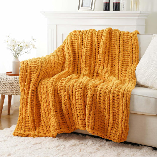 Battilo Chunky Knit Throw Blanket for Couch, Bed, 50"x60",Mustard Yellow | Hand Knit with Chunky Yarn, Super Soft Chenille Throw Blanket, Fall Decorative BohoThrow Blanket for Living Room
