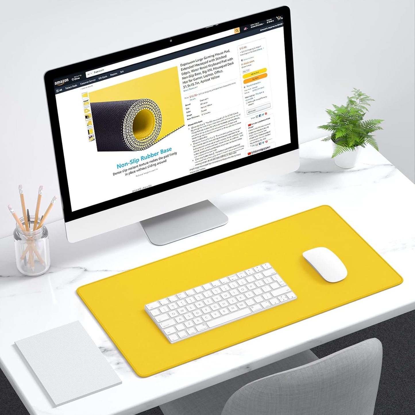 Large Mouse Pad, Extended Gaming Mouse Mat with Stitched Edges, Full Size Desk Mats with Non-Slip Base, Computer Big Desktop Keyboard Pad for Gamer, Laptop, Office, 23.6 x 11.8 in, Yellow