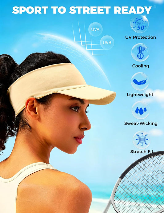 Cooling Sun Visor Hat Women Men, Elastic Headband UV Protection | 1.2oz Packable Golf Fishing Running Tennis Cap, Wet to Instant Cool Sweat Wicking Headband, Stretch Fits 21.6-23" Head