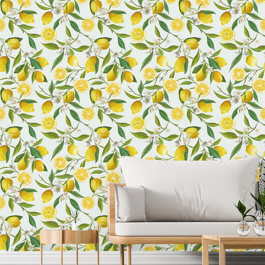 Lemon Peel and Stick Wallpaper Floral 17.7''x118'' Removable Self Adhesive Decorative Fresh Citrus Leaf Prints Floral Wallpaper Vinyl for Nursery Bedroom Kitchen Walls Cabinets Shelf Liners
