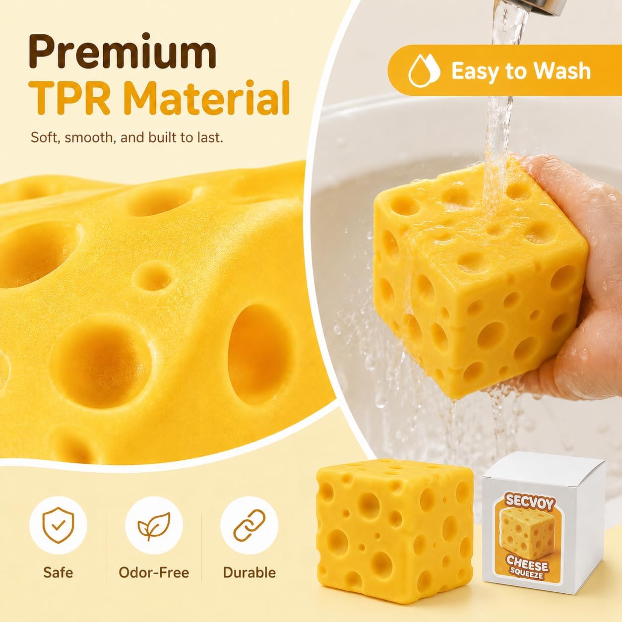 Cheese Squishy Squeeze Toy, Soft Yellow Sensory Cheese Stress Ball, Fidget Desk Gifts for Adults, Realistic Cheese Cube Novelty Toy for Relax and Focus (2.4in)