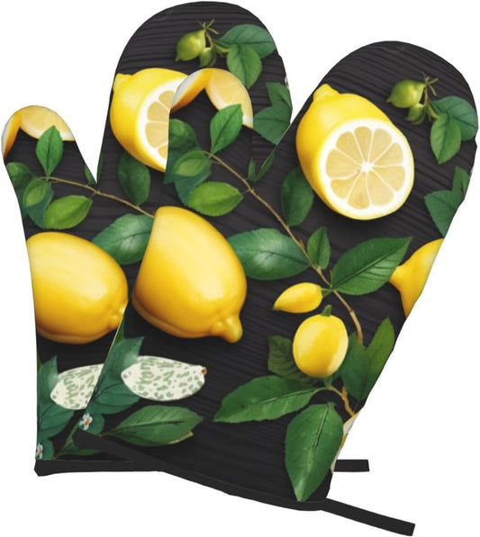 Oven Mitts Set of 2,Art Lemon Pattern Print Heat Resistant Kitchen Mitts Cooking Gloves for Cooking Baking Gifts Decor