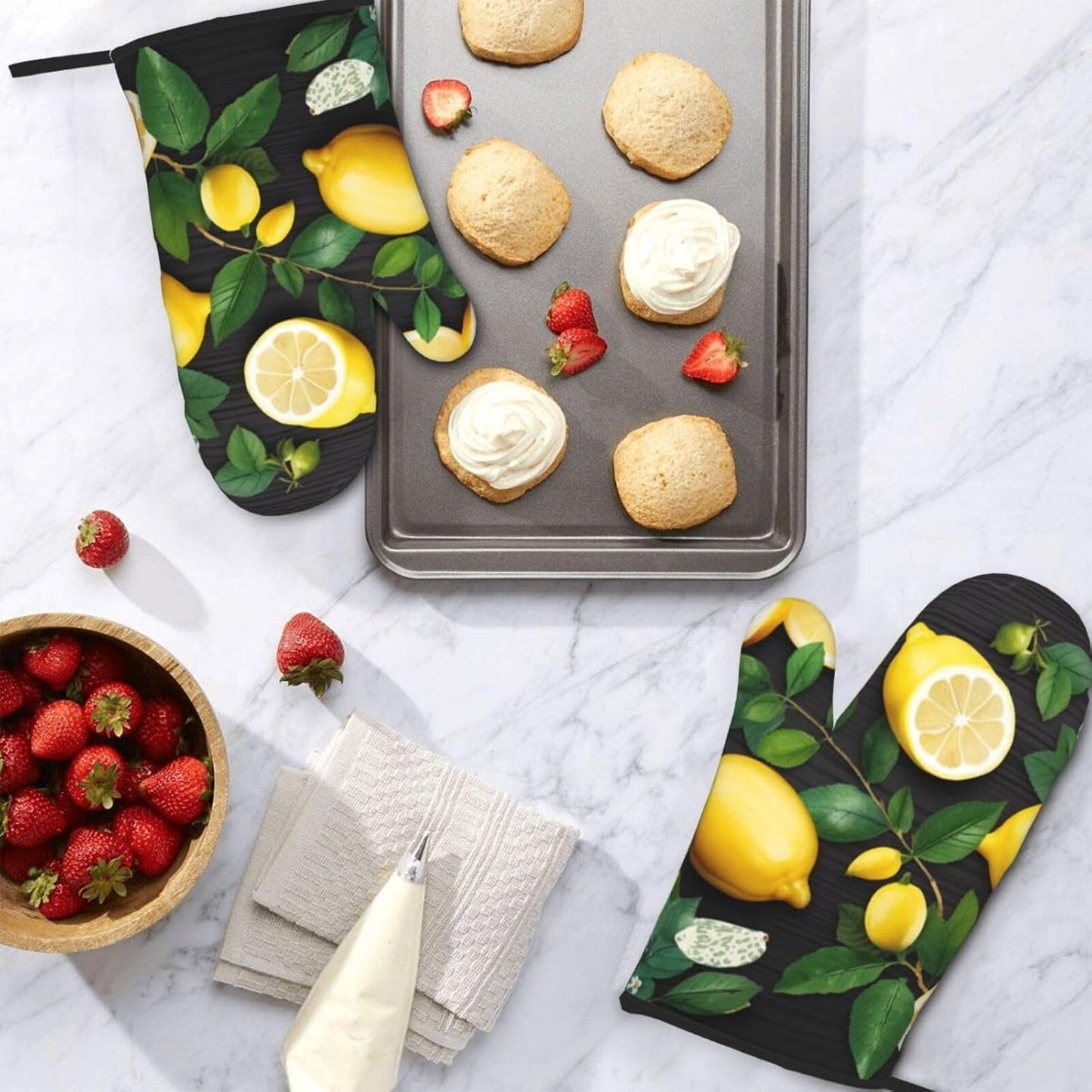 Oven Mitts Set of 2,Art Lemon Pattern Print Heat Resistant Kitchen Mitts Cooking Gloves for Cooking Baking Gifts Decor