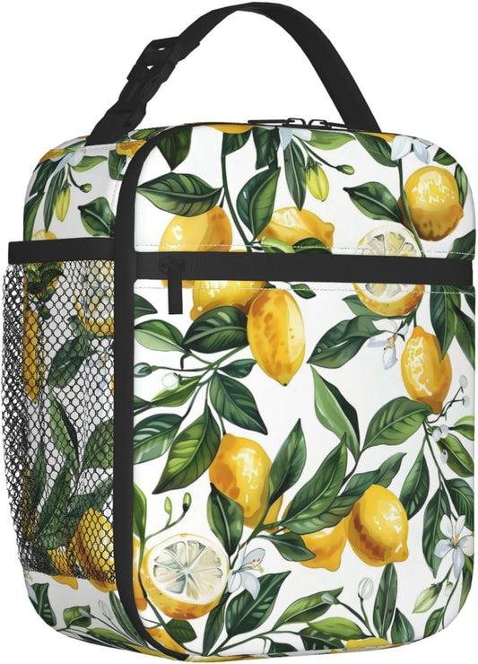 Reusable Yellow Lemon Lunch Box for Kids Girls Boys Women Adult, Insulated Fruit Lunch Bag,Polyester Cooler Green Leaves Handbags Case for School Picnic Work Travel Beach or Hiking