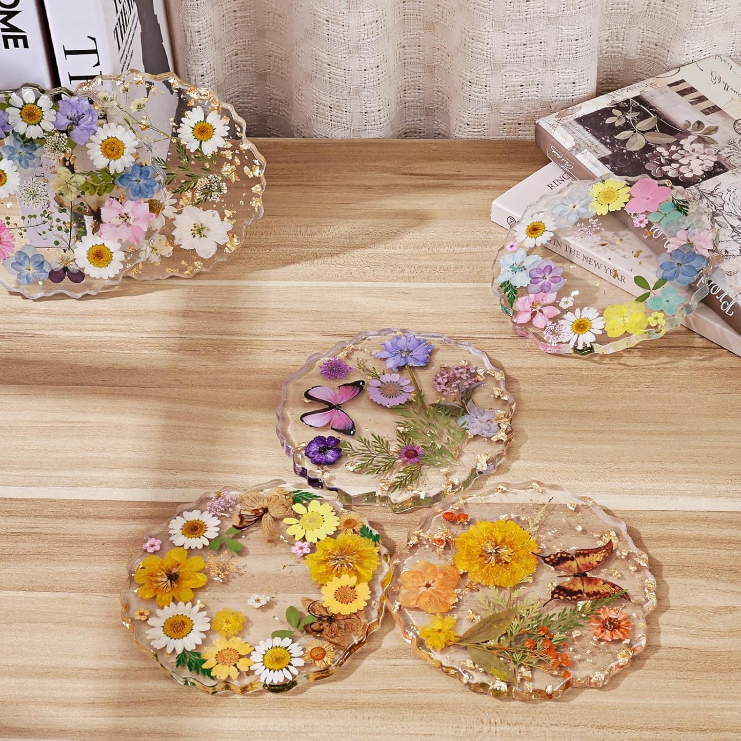 Pressed Dried Flower Resin Coaster, Pink Yellow Floral | Handmade with Gold Foil, Wavy Edge, Coffee & Tea Mugs, Home Office Desk Decor