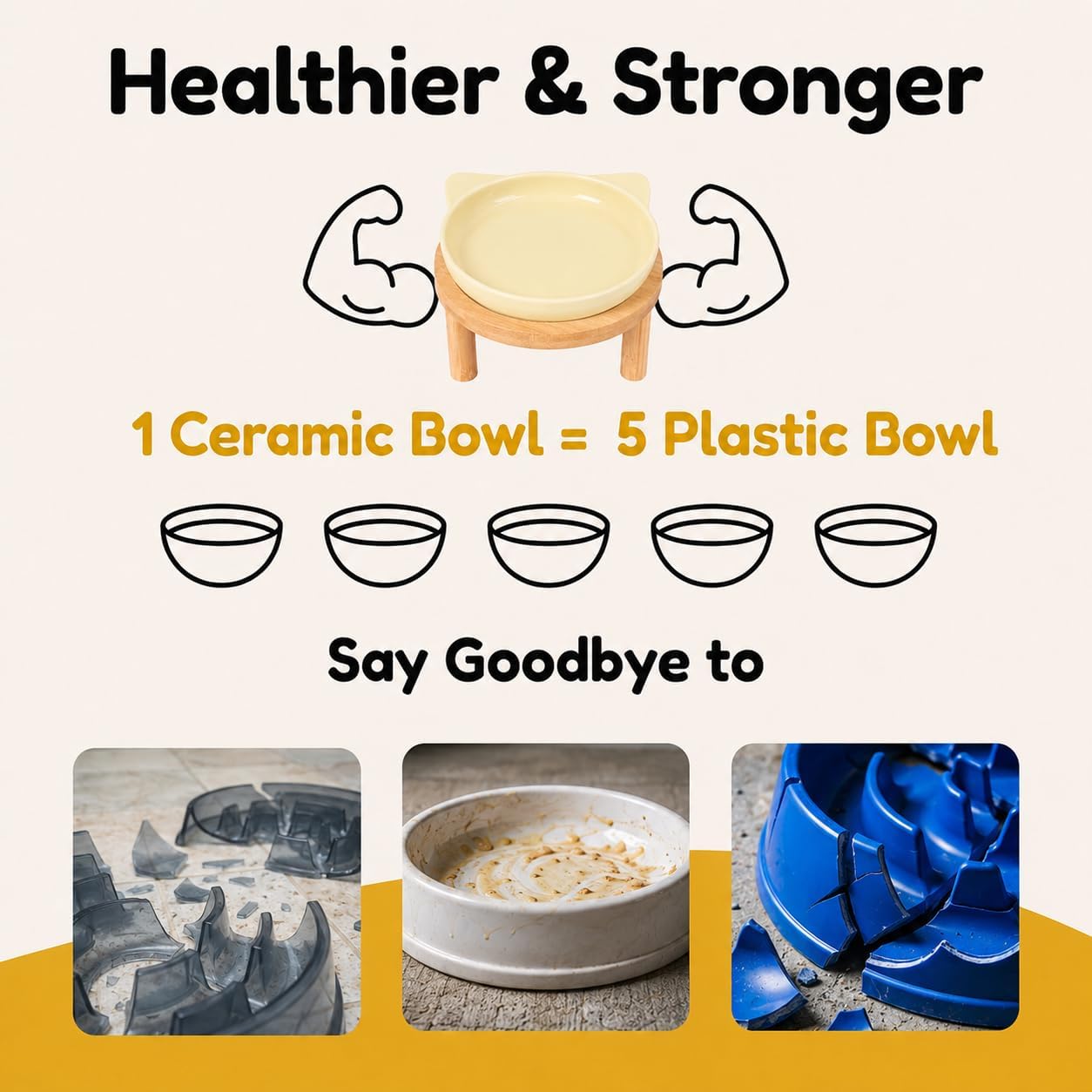 Elevated Ceramic Cat Bowls with Bamboo Stand for Cat Bowl, Whisker Friendly Shallow Cat Plate, Stable Raised Cat Food Riser for Indoor Cats (Yellow, Set of 1)