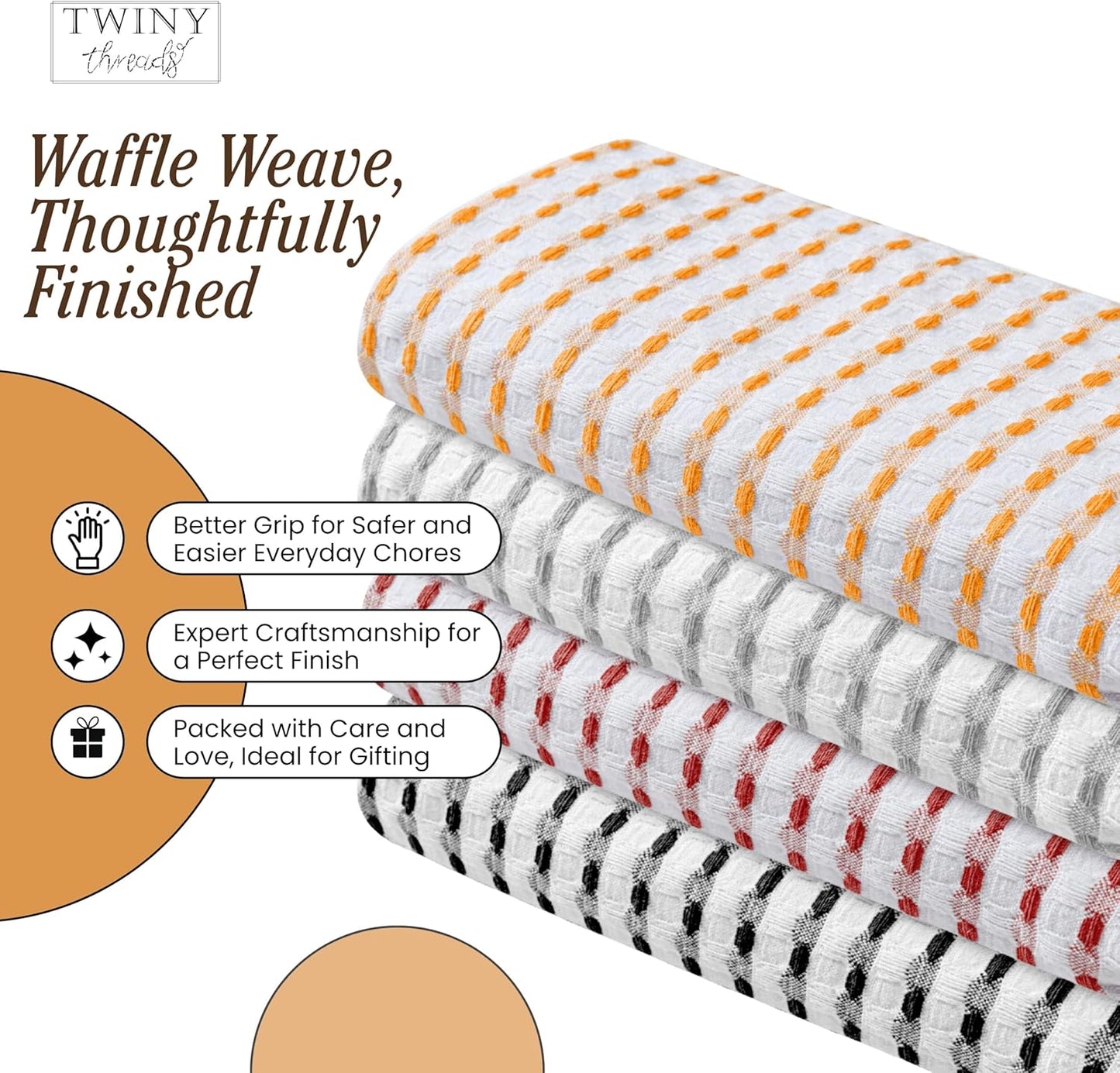 Multi Colors White Waffle Towels 4 Pack, 16x26 Inches Absorbent Waffle Weave Kitchen Dish Cloth Set, Soft, Durable & Machine Washable Tea Towel, Light Grey, Rust, Mustard Yellow, Black