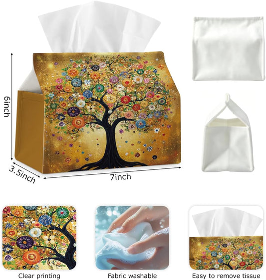 Retro Yellow Tree Fabric Tissue Box Cover for Home Office Bathroom Decor | Cute Tissue Holder for Tabletop Kitchen Bedroom Living Room Dorm Car,Home Office Decor Gifts,Fabric Washable,7''Γ3.5''Γ6''