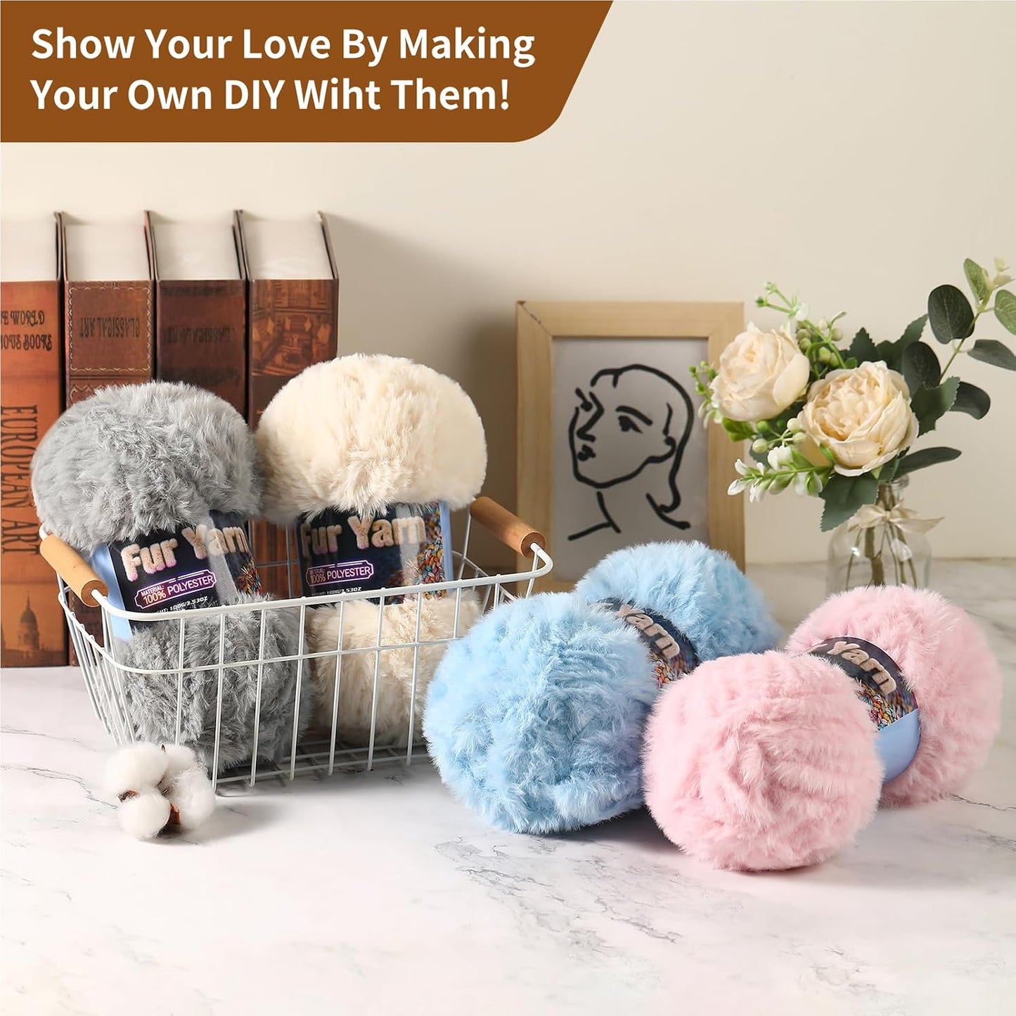 Faux Fur Yarn Soft Fluffy for Crocheting - 1 Skeins(Each 3.5oz/100g, 71yd/65m) - Chunky & Fluffy Yarn for Crochet Amigurumi, Blankets, Hand Knitting, Scarves &Crafts (1, White + Yellow)