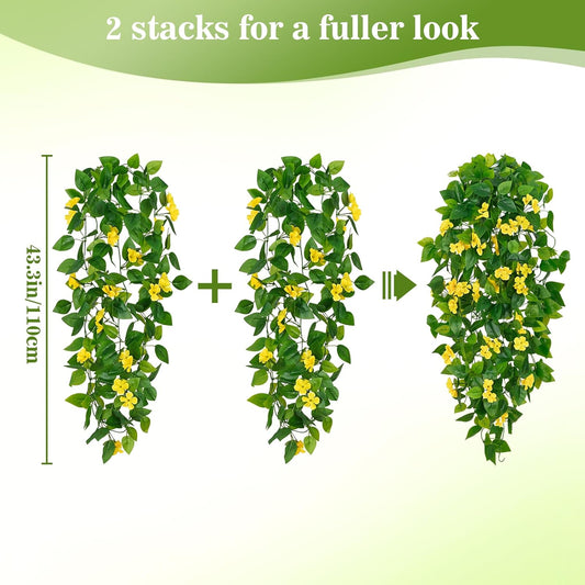 Artificial Hanging Flowers for Outdoors, 2pcs Fake Hanging Plants Pothos Vines with Yellow Flowers for Wall Home Living Room Indoor Outdoor Decor (No Baskets)