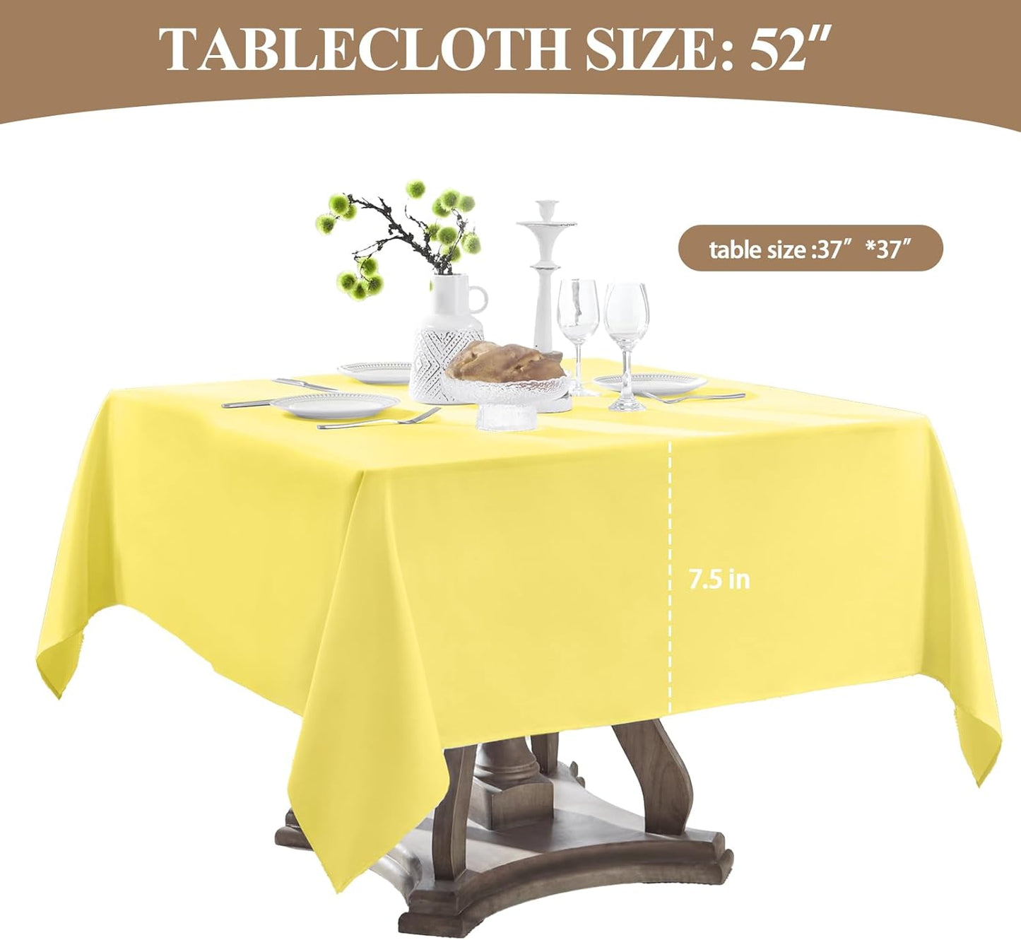 Square Tablecloth 52 x 52 Inch Yellow Polyester Stain-Wrinkle Resistant Washable Table Cloth for Holiday, Buffet Parties, and Wedding 1 Pack