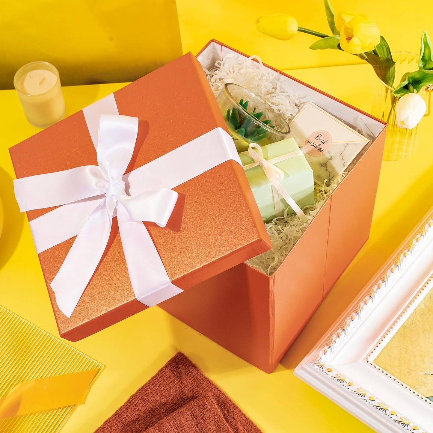 Medium Birthday Gift Box with Lids, Ribbon and Tissue Paper, Collapsible Gift Box - 1 Pcs, 10x10x10 Inches, Orange