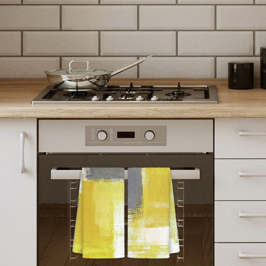 Yellow and Grey Hand Towels 2 Pack Set - Modern Yellow Gray Kitchen Dish Towels with Hanging Loop, Modern Kitchen Decor, 16x24