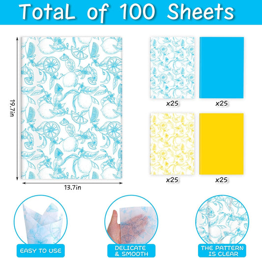 100 Sheets Lemon Prtint Tissue Paper, 20 x 14’’ 4 Styles Lemon Patterns Gift Wrapping Tissue Paper for DIY Pom-poms, Summer Fruit-Themed Birthday Party Decor