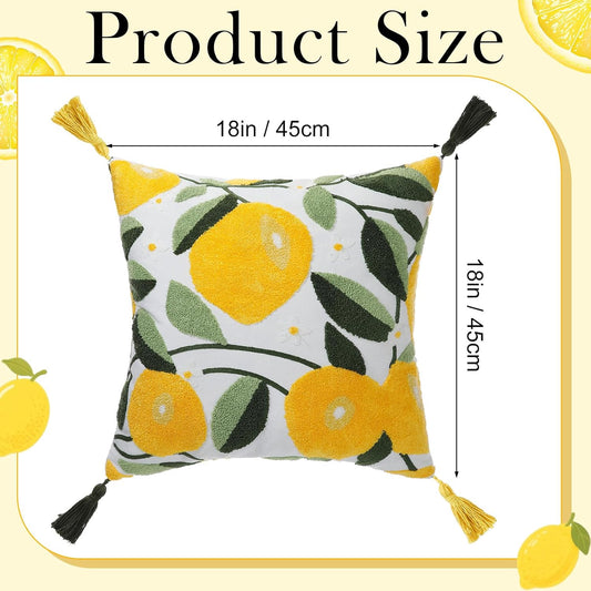 Lemon Pillow Covers with Tassel, 18 x 18 Inch Embroidered Throw Lemon Decorative Pillow for Living Room Couch Sofa Bed Holiday Spring Summer Home Decor