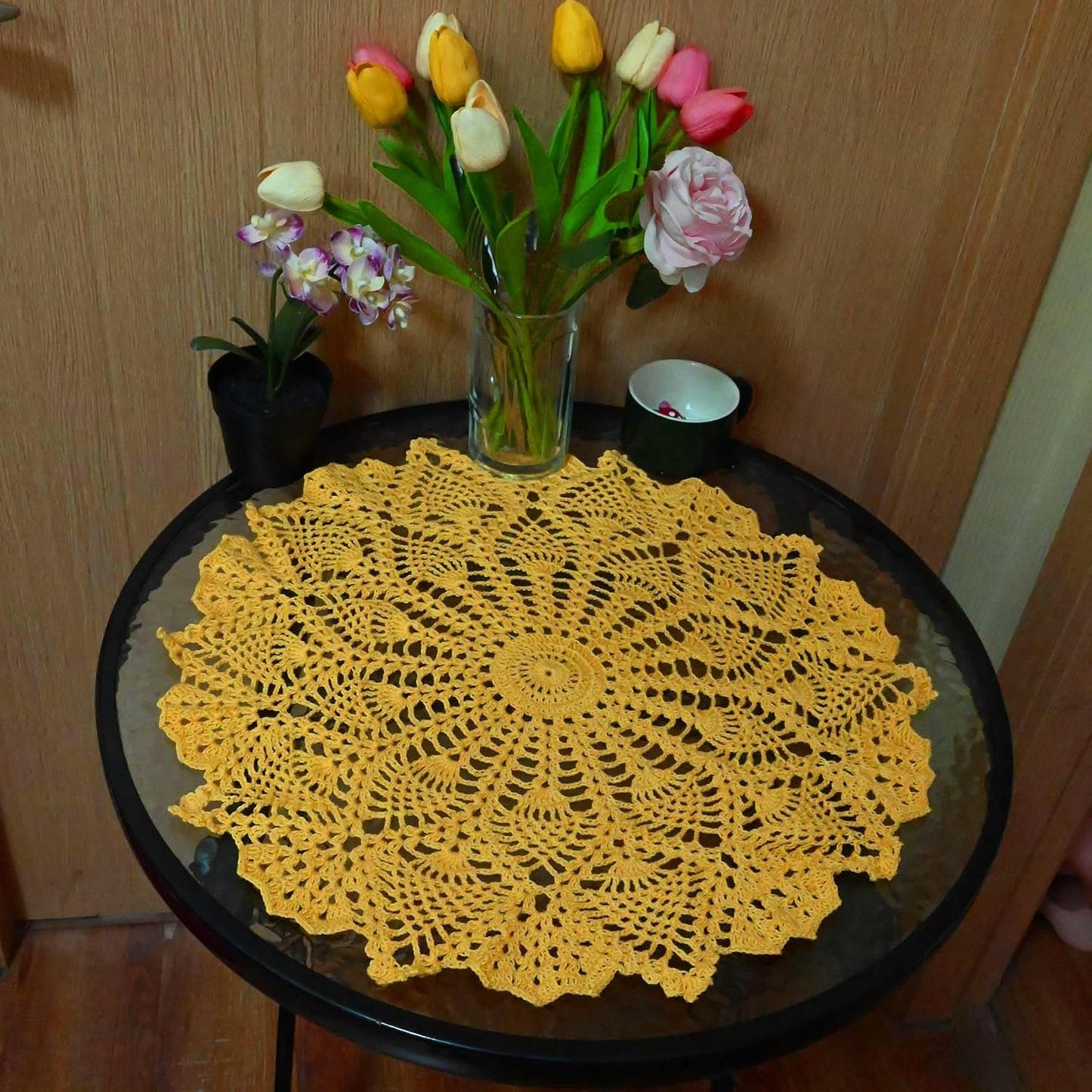 Lace Tablecloth Doily Handmade Crochet Placemat Women Vase Mat Kitchen Table Runner (1PC- 18 in to 20 in, Yellow)
