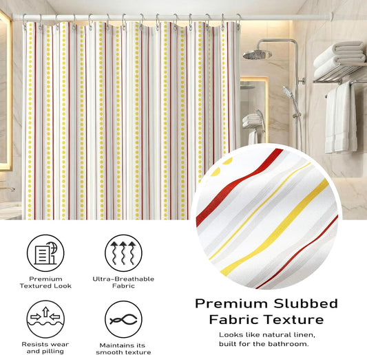 Geometric Shower Curtain for Bathroom β Modern Red & Grey Striped with Yellow Polka Dots Design β Heavy Duty Thick Fabric Bath Curtains, Waterproof & Weighted Hem, 12 Hooks Included (72" x 72")