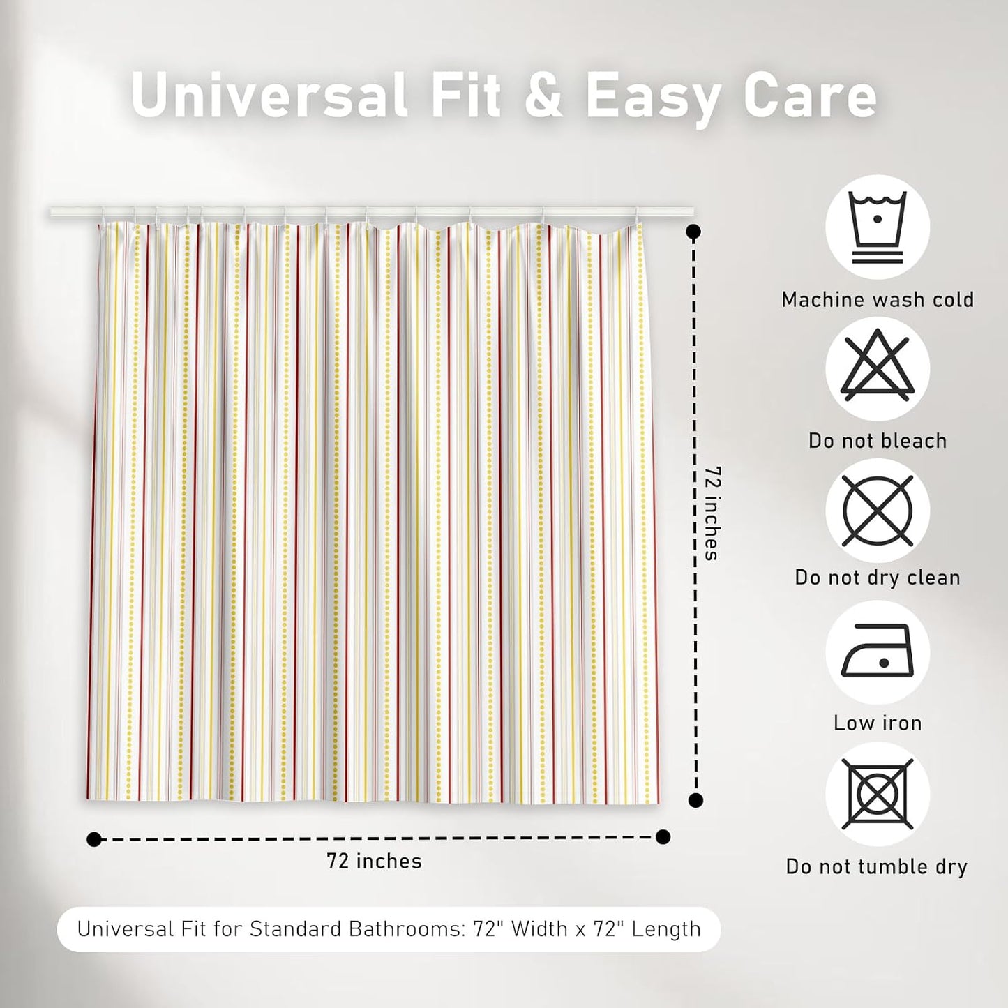 Geometric Shower Curtain for Bathroom – Modern Red & Grey Striped with Yellow Polka Dots Design – Heavy Duty Thick Fabric Bath Curtains, Waterproof & Weighted Hem, 12 Hooks Included (72" x 72")