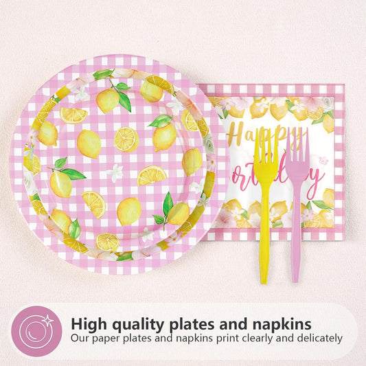 96 Pcs Pink Lemon Birthday Decorations Pink and Yellow Lemonade Paper Plates and Napkins Summer Fruit Theme Tableware Set for Boys Girls Birthday Baby Shower Party Supplies Serves 24