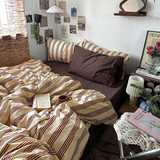 Vintage Washed Cotton Stripe Comforter Set - Queen Size Lightweight Breathable Bedding, Yellow & Rust Stripe Farmhouse 3-Piece Set