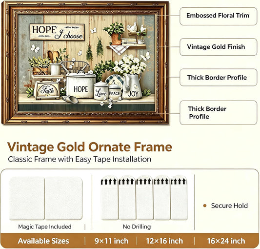 Vintage Gold Framed Canvas Wall Art Farmhouse Rustic Lemon Kitchen Painting Picture Wall Decor Retro Country Still Life Antique Fruit Poster Print Artwork for Dining Room living room