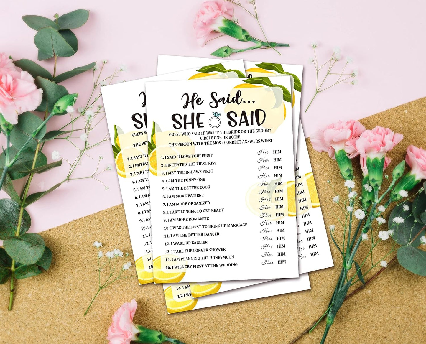 Bridal Shower Games - Lemon Theme Engagement Party Game Cards for Wedding, Bachelorette Party - Citrus Lemon Bridal Shower Decorations - He Said She Said - 30 Cards(A02)