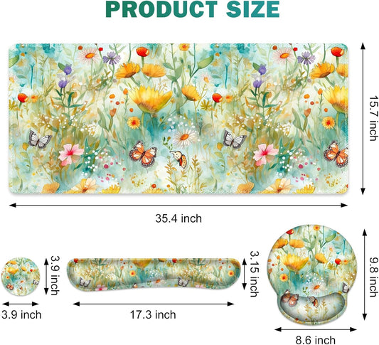 Gaming Mouse Pad, Large Desk Mat, Cute Desk Pad Protector, 4in1 XXL Mousepad + Keyboard Wrist Rest+Mouse Wrist Rest+Coaster Set with Ergonomic Desk Pad for Home Office PC Computer, Yellow Flowers