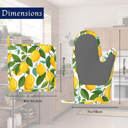Yellow Lemon Pot Holders and Oven Mitts Set Silicone Tropical Summer Fruit Kitchen Gloves Potholders Heat Resistant Washable,Chef Cooking Baking Gifts for Women Men Bakers Lover Cooks