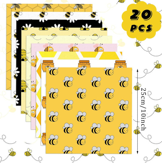 20 Pcs 10''x10'' Bee Quilting Fabric Square Honeycomb Precuts Quilted Fabric Bundle Sunflower Daisy Yellow Black Stripes Printed Sewing Material for Holiday Patchwork DIY Craft Supplies