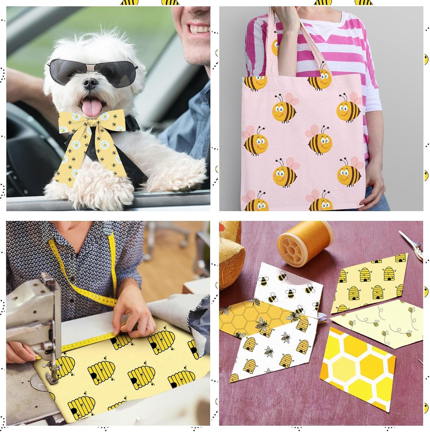 20 Pcs 10''x10'' Bee Quilting Fabric Square Honeycomb Precuts Quilted Fabric Bundle Sunflower Daisy Yellow Black Stripes Printed Sewing Material for Holiday Patchwork DIY Craft Supplies