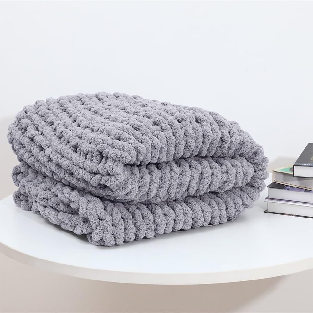 Chunky Knit Blanket Throw, Hand Knitted Warm Chenille Throw Blanket, Soft Thick Yarn Cable Knit Blanket, Breathable Fleece Banket Bedspread Throw for Couch Bed Sofa(Yellow,60x60cm)