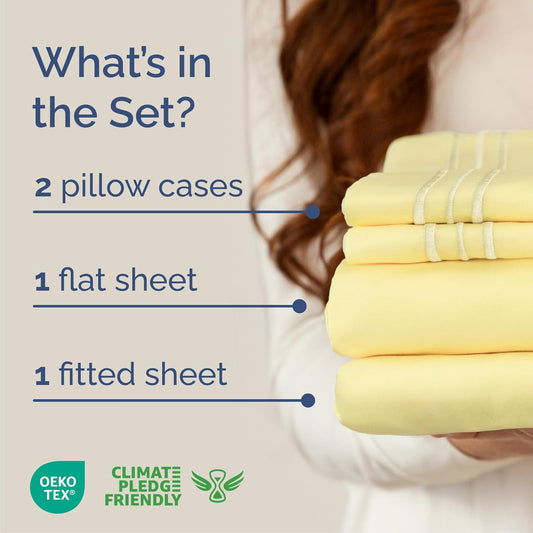 Queen Size 4 Piece Sheet Set - Comfy Breathable & Cooling Sheets - Hotel Luxury Bed Sheets for Women & Men - Deep Pockets, Easy-Fit, Extra Soft & Wrinkle Free Sheets - Yellow Oeko-Tex Bed Sheet Set