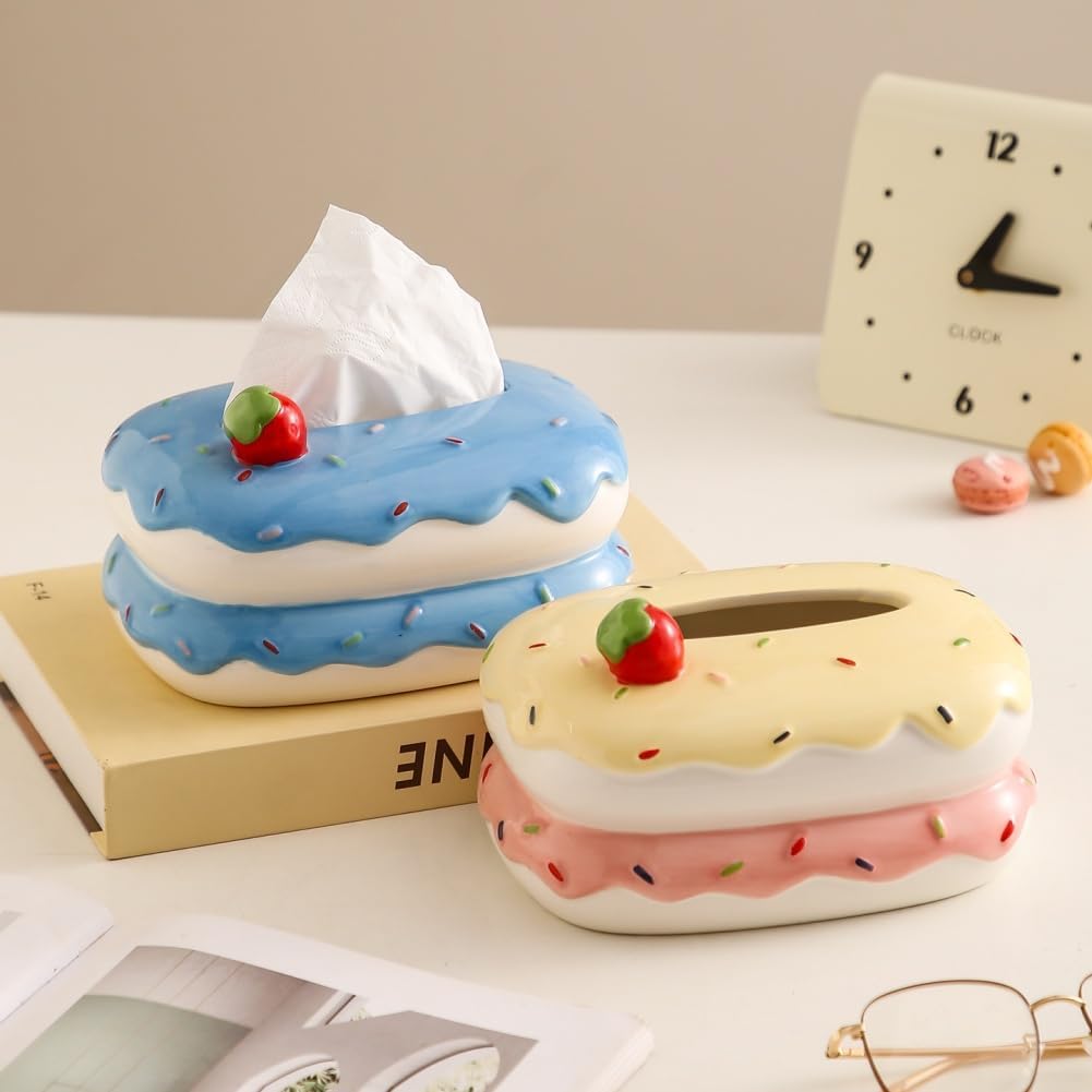 Cute Ceramic Tissue Box Cover, Cake Shaped Tissue Holder with Strawberry Decor, Decorative Paper Towel Dispenser for Home Living Room Bedroom Bathroom, Cute Tabletop Organizer (Yellow)