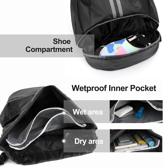 Sports Drawstring Backpack - Swim Gym Bag for Women and Men | String Bag with Shoes Compartment & Wet Proof Pocket, Adjustable Wider Shoulder Strap, For Soccer, Basketball